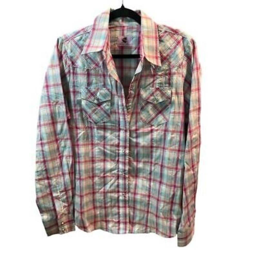 Wired Heart Women's Plaid Rhinestone Snap Shirt Size L Long Sleeve Casual